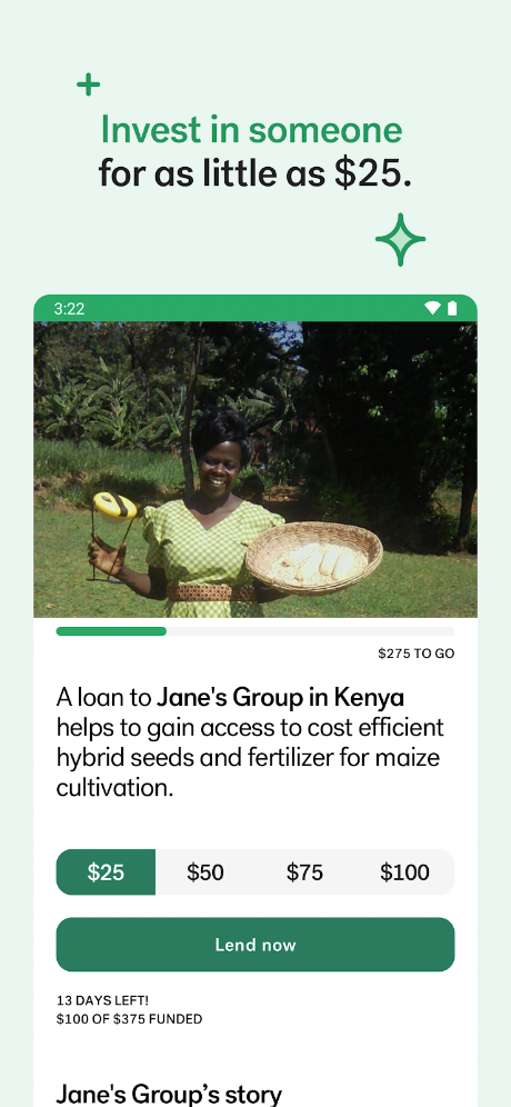 Kiva app — lend to a borrower