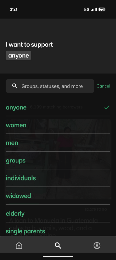 Kiva app — borrower filters