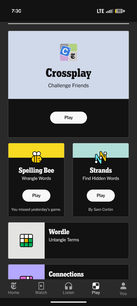 The New York Times app — games hub with Wordle and Spelling Bee